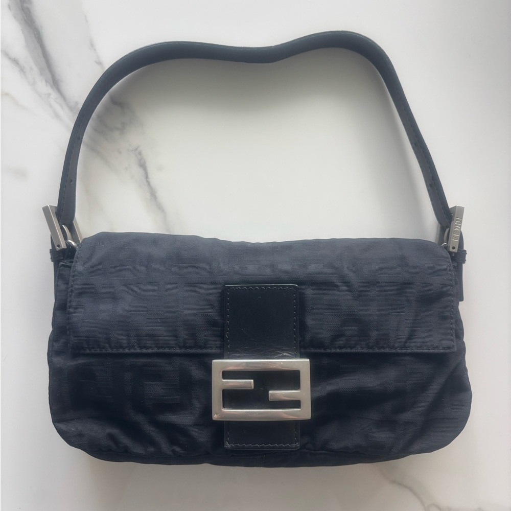 SOLD Vintage fendi zucca black and silver ff logo baguette bag